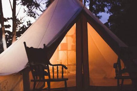 Camping - White and Brown Lighted Cabin Tent at Woods